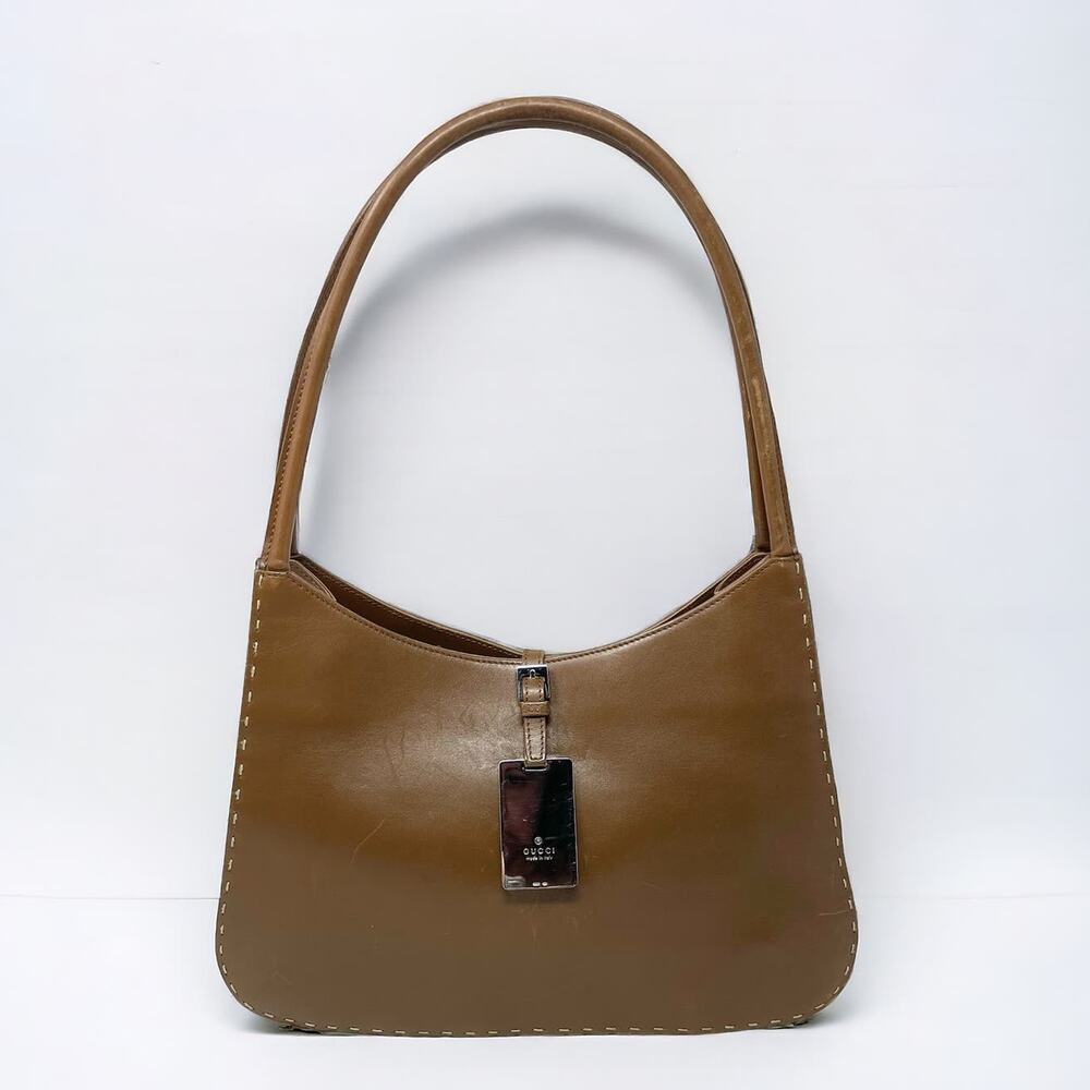 Gucci Vintage Brown Leather Topstitch Shoulder Hobo Bag Purse